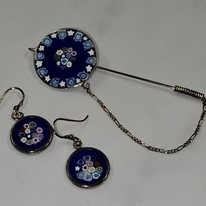 Glass Of Venice Murano Millefiori Pin Brooch & Matching Earrings Set
